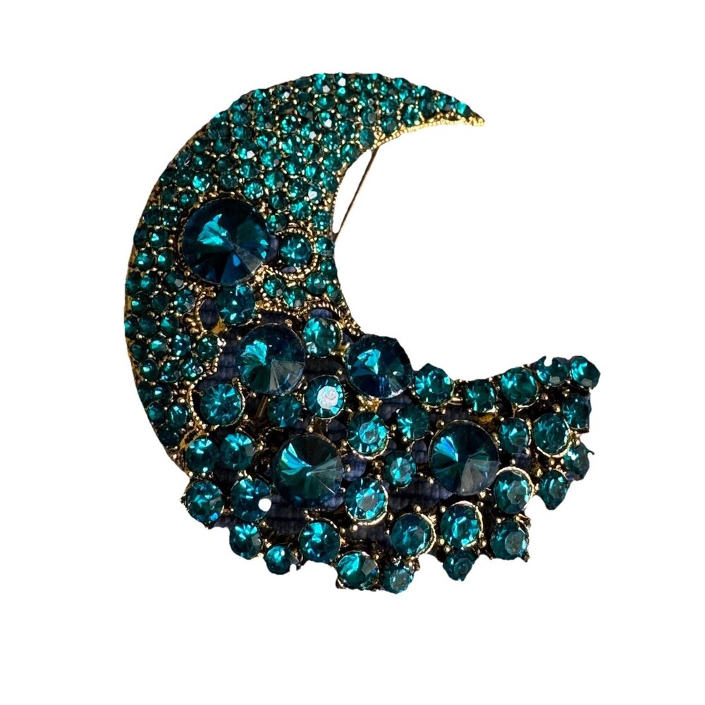 Teal Blue Green Rhinestone Crescent Moon Brooch Pin Gold Tone Celestial Pavé‎